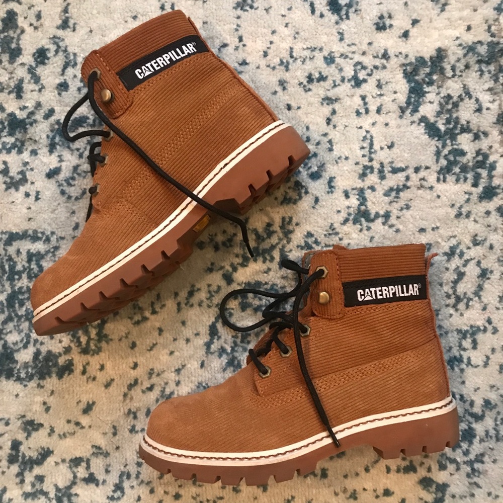 Corduroy CAT brand boots.